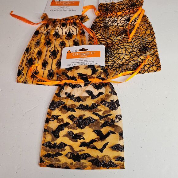 New Halloween Organza & Glitter 6" x 8" Party Favor Bags Celebrate It Set of 3 O - Picture 1 of 2